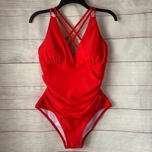 Red One Piece Swimsuit Lace Up Multi-Strap Cross Back Cutout Size L
